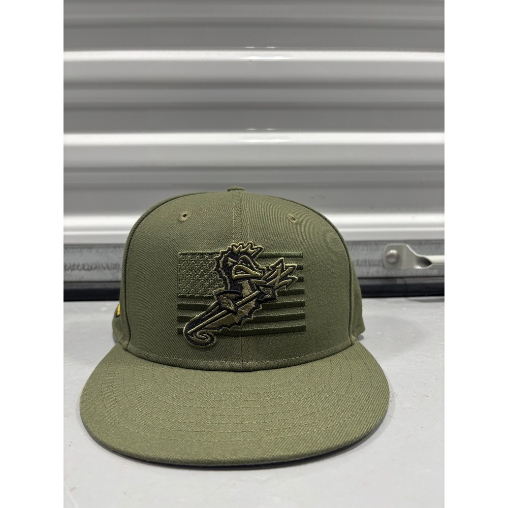 New Era 59FIFTY Norfolk Tides Hat Olive Green MiLB Fitted 7 3/8 Military Side